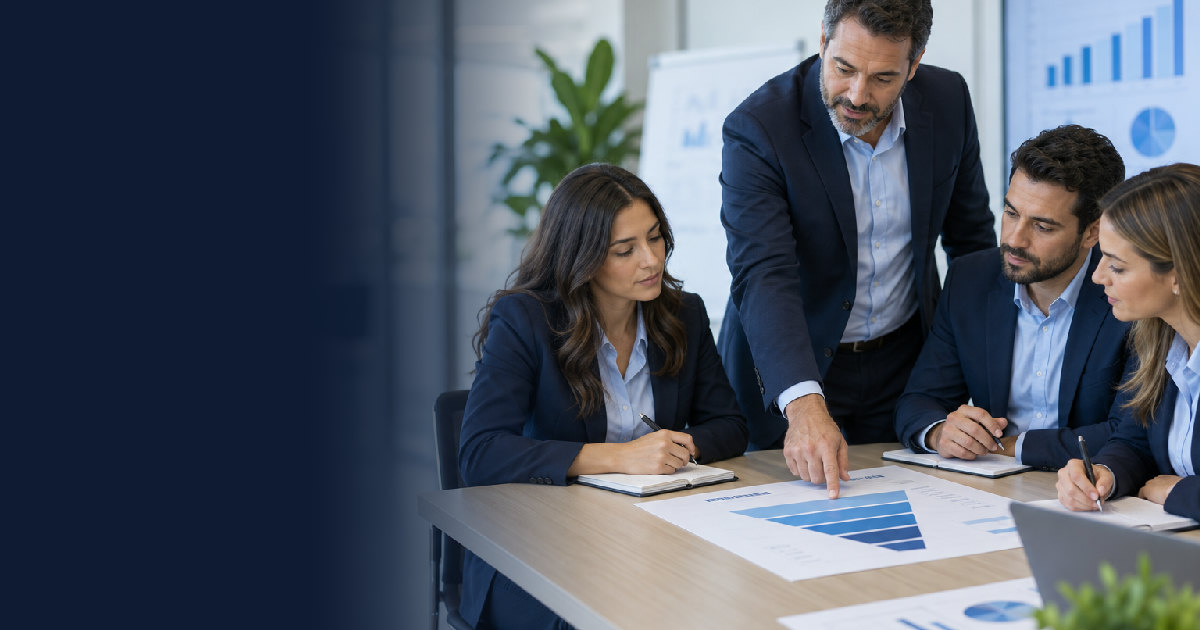 Diretor comercial analisando um gráfico de funil de vendas com três vendedores em volta de uma mesa de reunião